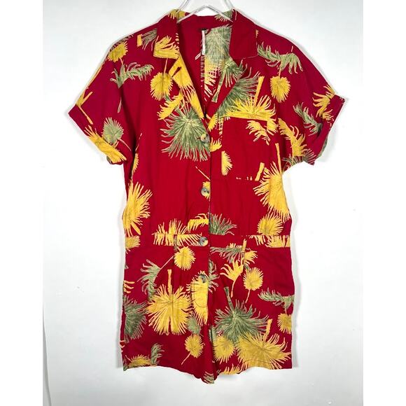 Free People Women's Malibu Hawaiian Romper M Maroon Combo Cotton Tropical - Picture 3 of 13